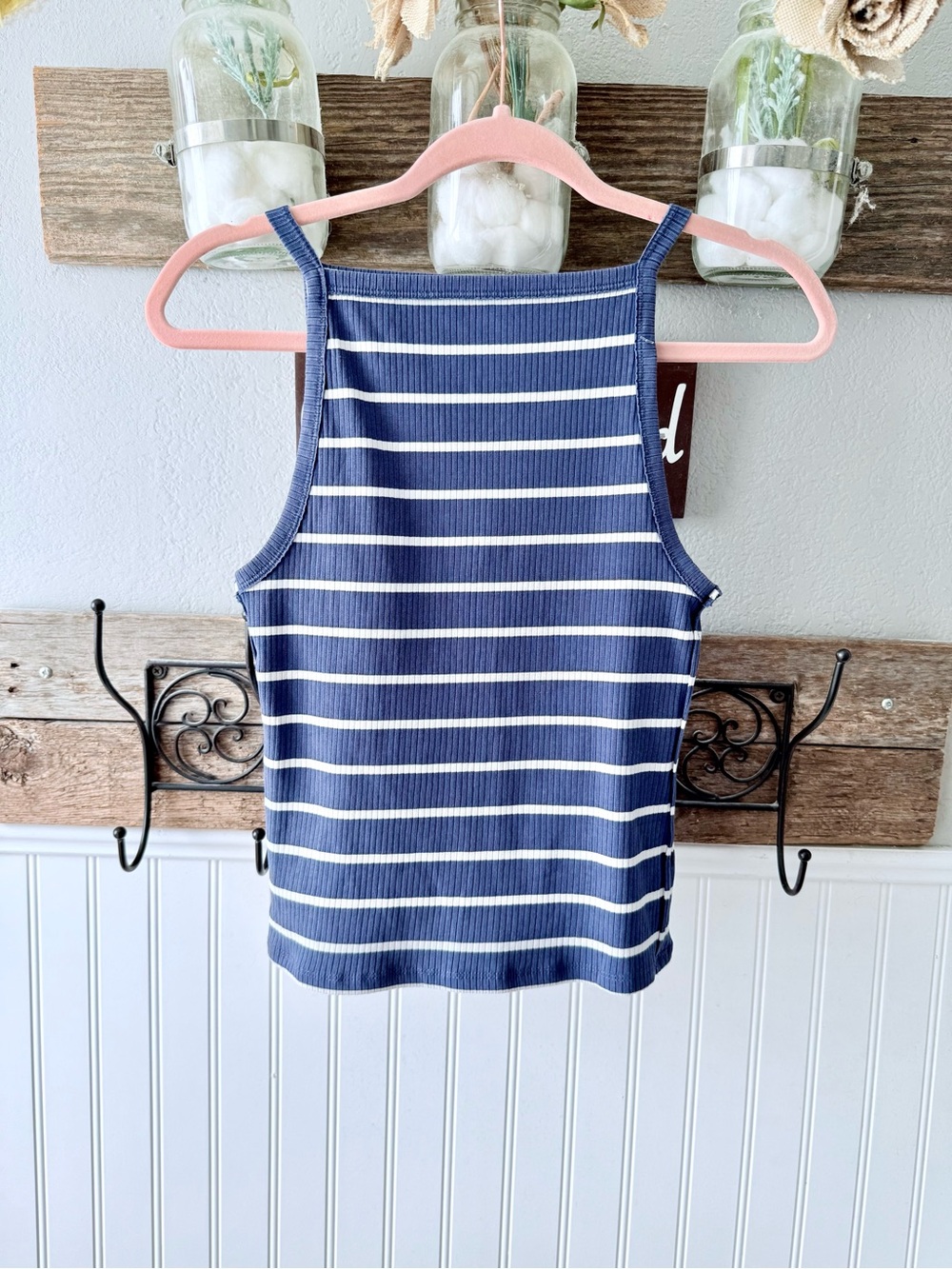 We The Free Navy and White Striped Ribbed Tank